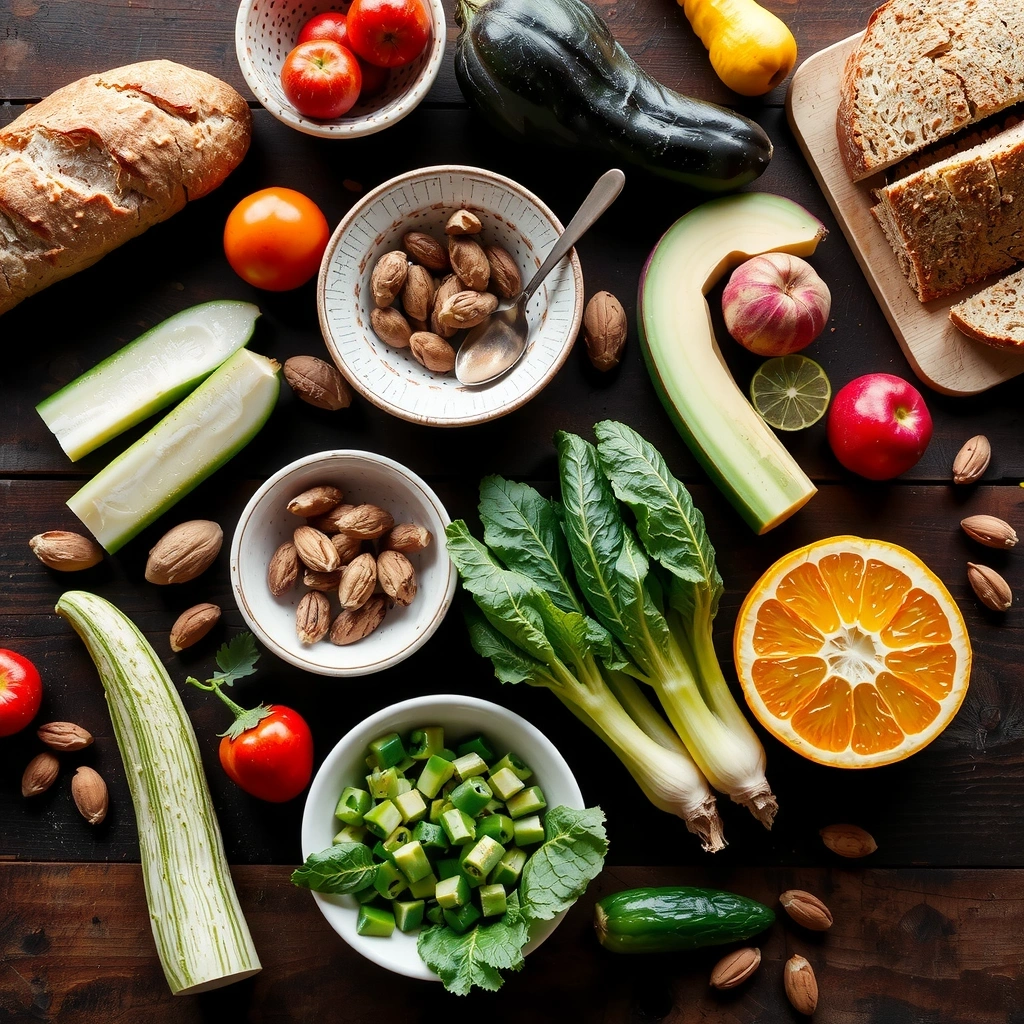 Frische Zutaten auf holzernem Tisch